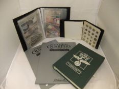 A box of assorted coins, together with folios of assorted bank notes,