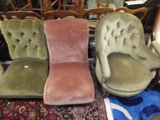 Three assorted Victorian salon chairs with turned mahogany front legs,