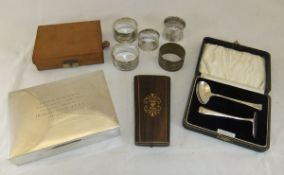 A box containing a 19th Century rosewood and marquetry inlaid etui containing mother of pearl prod,