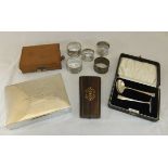 A box containing a 19th Century rosewood and marquetry inlaid etui containing mother of pearl prod,