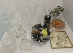 A large collection of various glass to include four various decanters and stoppers, vases,