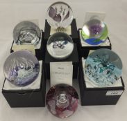 A collection of seven Selkirk Glass paperweights - "Mikado", No'd. 110/500, "Silver Mist", No'd.