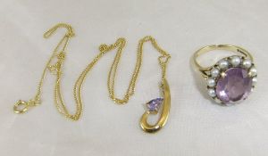 An amethyst and seed pearl set 9 carat gold dress ring and a 9 carat gold and tanzanite pendant and