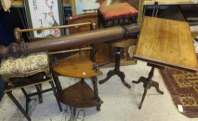 A Victorian walnut and inlaid pedestal tripod table, another mahogany tripod table, two stools,