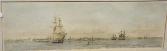 IN THE MANNER OF W L WYLLIE "Shipping with city in background", colour etching,