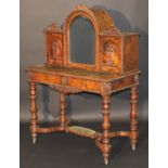 A Victorian burr walnut bonheur du jour, the mirrored and carved superstructure with birds eye maple