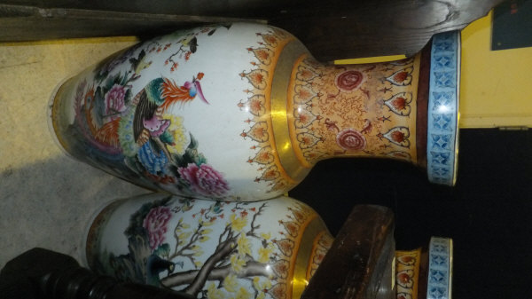 Two modern Oriental porcelain floor vases polychrome decorated with birds amongst blossom - Image 6 of 6