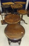 An inlaid oval topped two tier side table, a mahogany tripod table with galleried top, inlaid tray,