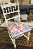 Four Victorian white painted shabby chic chairs,