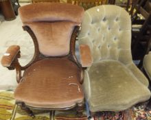 A mahogany framed salon chair in dark peach ground upholstery with turned and carved legs to brown