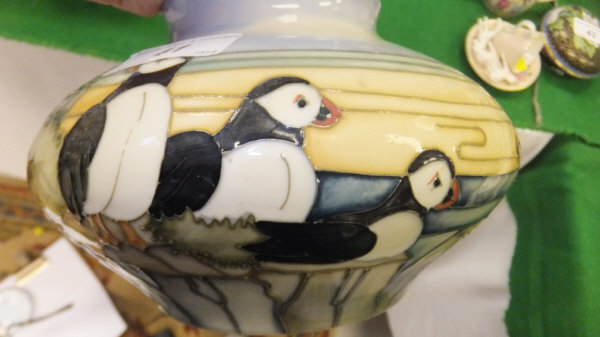 A Moorcroft squat baluster shaped vase decorated with "Puffin" pattern, bearing green back stamp " - Image 3 of 6