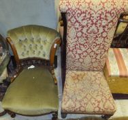 A Victorian mahogany prie a dieu chair with red ground foliate patterned upholstery,