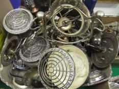 A box of assorted plated wares to include rose bowls, swing handled baskets, candlesticks, etc,