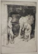 AFTER GEORGE SOPER "A Devon shoeing smith", black and white etching, labelled verso, together with