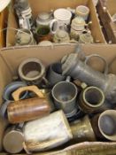 Three boxes of assorted mugs and steins to include pewter and pottery examples