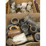 Three boxes of assorted mugs and steins to include pewter and pottery examples