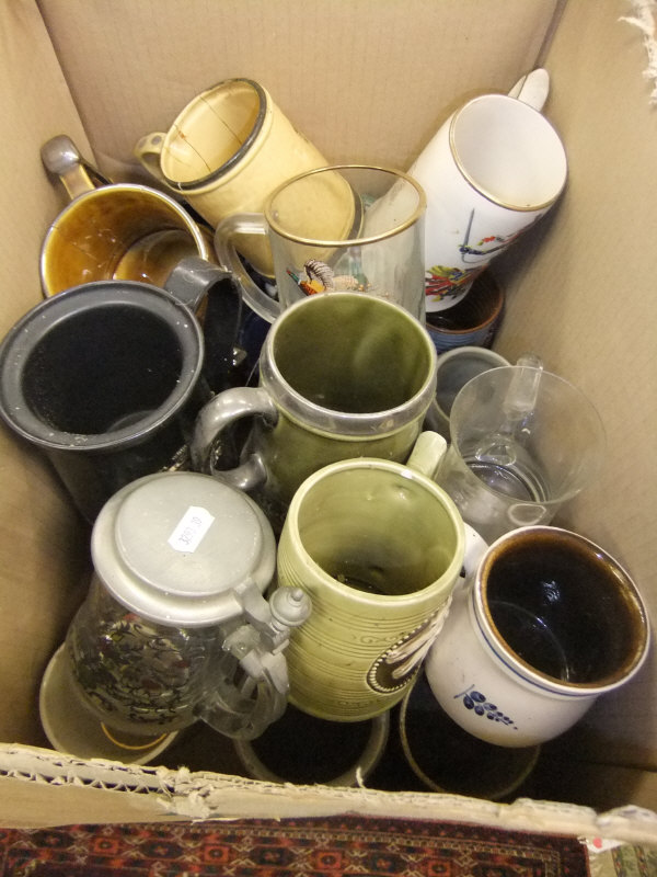 Three boxes of assorted mugs and steins to include pewter and pottery examples - Image 2 of 2