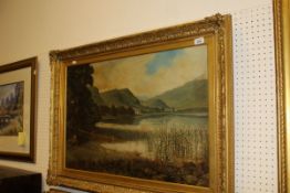 R REG COLLINS "Lake scene", oil on canvas, signed lower left,