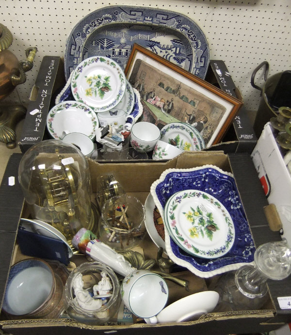 Two boxes of assorted china and glasswares to include willow pattern serving plate,