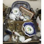 Two boxes of assorted china and glasswares to include willow pattern serving plate,