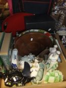 Two boxes of sundry china to include ornaments, etc., various trays, books, etc.