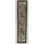 A Chinese embroidered silk panel depicting figures in landscape
