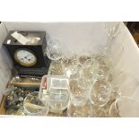 A Victorian slate cased eight day mantel clock, various glassware, playing cards,