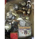 A box of assorted plated wares, to include a butter dish, egg stand, vases, etc,