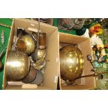 Two boxes of various brass and copper wares to include jardinier, adjustable table lamp,
