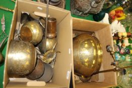 Two boxes of various brass and copper wares to include jardinier, adjustable table lamp,