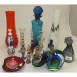 A quantity of various glassware to include two vases, jar and cover, various candle holders,