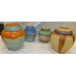 Four Shelley pottery ginger jars and covers with dripware and banded decoration