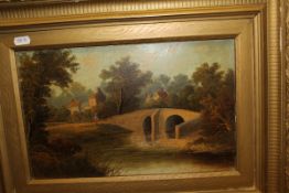 19TH CENTURY ENGLISH SCHOOL "Cottage scenes by rivers, with figures", oil on board, a pair,