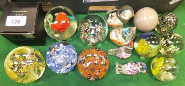 A collection of fifteen various paperweights including animals, millefiore,