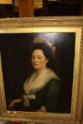 19TH CENTURY ENGLISH SCHOOL "Lady in green dress and bonnet" half length portrait study, oil on