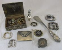 A box containing assorted paste buckles, an Indian metal box containing various cufflinks, studs,
