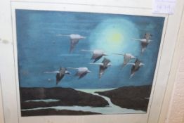 HUGH BRANDON COX (1917-2003) "Moonlight Flight", geese over marshes, watercolour gouache,