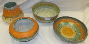 Four pieces of Shelley pottery Harmony dripware in orange and green, to include fruit bowl,