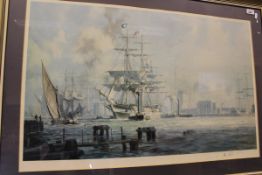 AFTER STOBBARD "Tall-masted ship surrounded by steam tugs", coloured engraving,