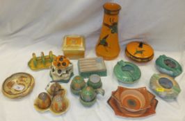 A collection of Shelley pottery wares with dripware and concentric circle decoration etc, to include