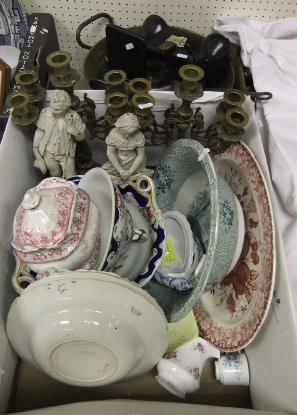 A box of assorted Victorian and later china to include tureens, soup bowls, etc.