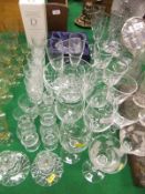 A collection of various glassware to include two enamel twist glasses with engraved wild rose