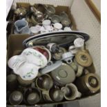 Two boxes containing assorted studio pottery part coffee and tea sets, plated wares, china mugs,