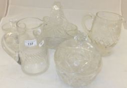 Six pieces of glassware to include cut glass basket and bowl, two jugs,