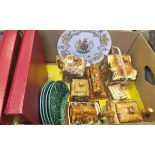 A box of chinawares to include cottage ware teapots, cottage ware biscuit barrel, cruet set,