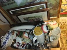 A box containing assorted chinawares to include a Meakin coffee pot, plated cruet set, etc.