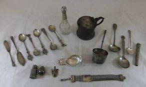 A box of assorted silver and white metal wares to include a Victorian glass scent bottle,