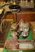 A warming pan, copper jardinier, iron handled skimmer, two copper spirit kettles,