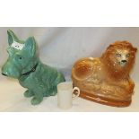 A Staffordshire pottery lion ornament, a large Sylvac figure of a Scottie Dog No'd 1209,