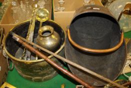 A copper coal scuttle, Dutch brass jardinier, pair of brass mounted bellows,